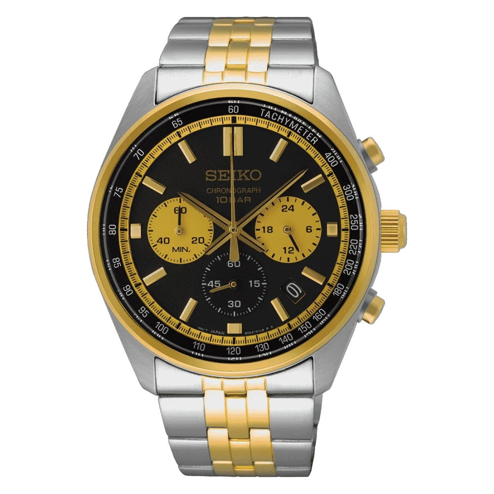Seiko Sport Watch SSB430P1 Classic Quartz Chronograph WR100 Panda Gold New