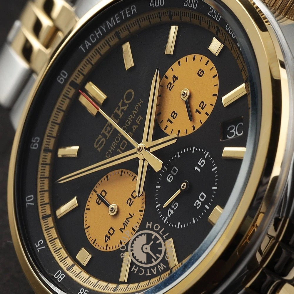 Seiko Sport Watch SSB430P1 Classic Quartz Chronograph WR100 Panda Gold New