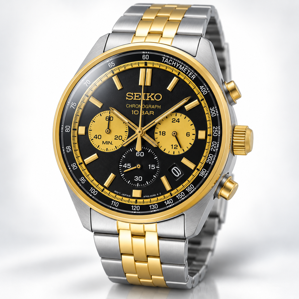 Seiko Sport Watch SSB430P1 Classic Quartz Chronograph WR100 Panda Gold New